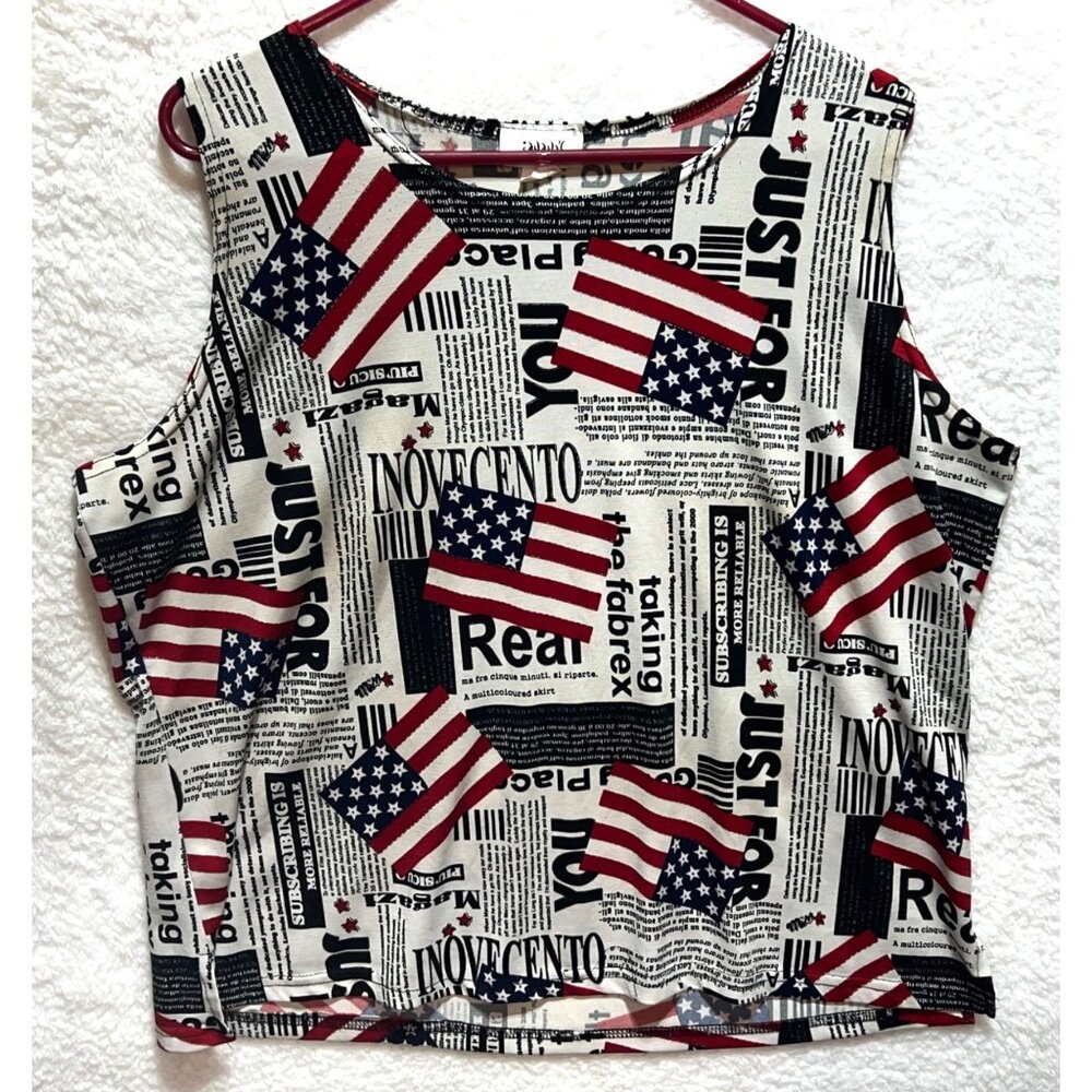 Patriotic Flag Newsprint Tank Top Sleeveless Vintage Look Women's Lightweight